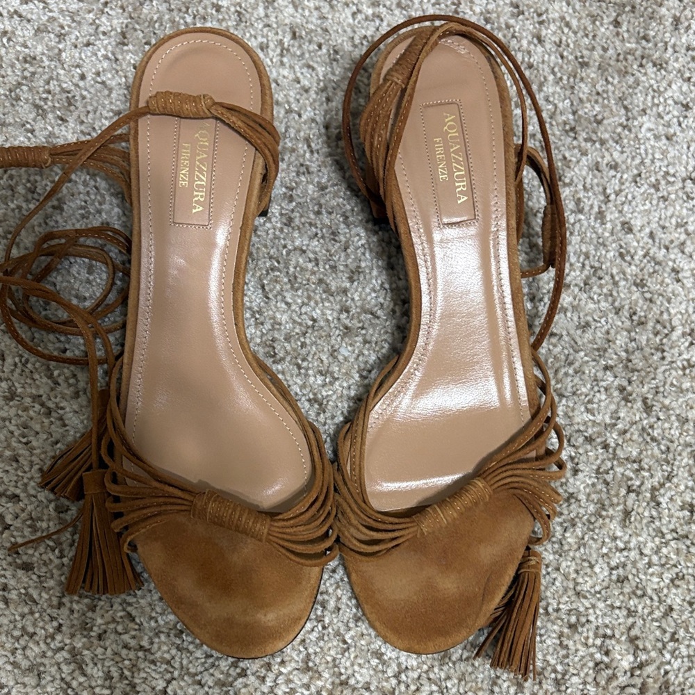 Aquazzura Tan Suede Block Heel Sandal with Ankle Tie - Size 38.5 - Picture 3 of 6